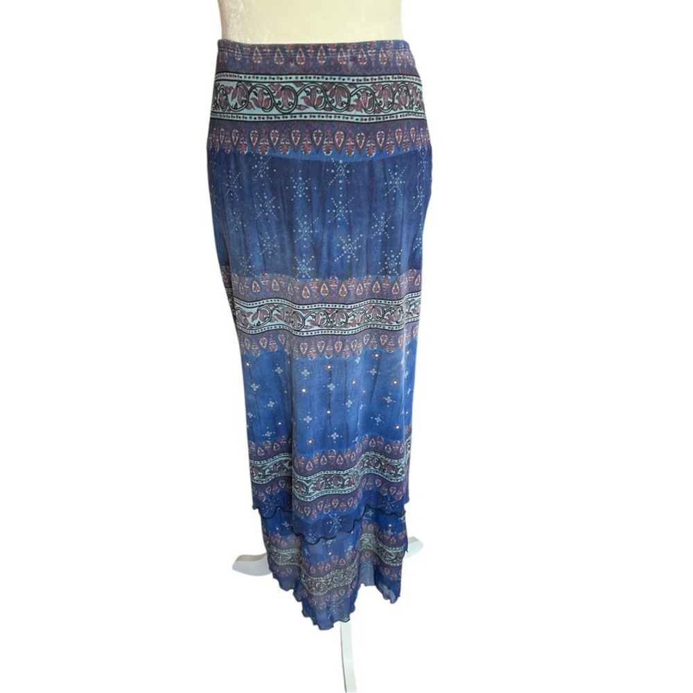 Y2K Blue Patterned Mesh Tiered Maxi Skirt